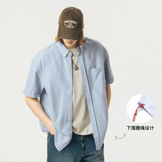 714street夏季短袖衬衣男cheanfit纯色衬衫复古条纹衬衫潮牌外套 商品图1