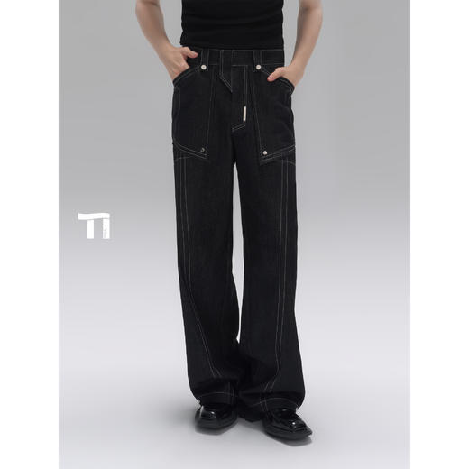 启世录TIWILLTANG“明爵衍际”3.0烟灰明线牛仔直筒长裤男 商品图0