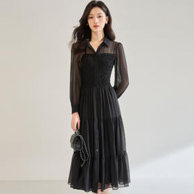 「高货sh」全新升级【铂金会员284/天猫379/差价95】(13914)洛诗琳秋季优雅气质收腰抽褶灯笼袖黑色雪纺长款连衣裙女sh13914
