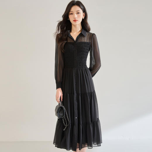 「高货sh」全新升级【铂金会员284/天猫379/差价95】(13914)洛诗琳秋季优雅气质收腰抽褶灯笼袖黑色雪纺长款连衣裙女sh13914 商品图0