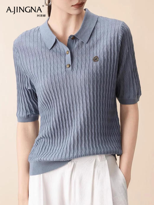 【复古纹理】阿菁娜法式POLO领绞花短袖毛衫F30Q302019 商品图0