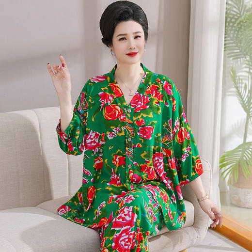 中老年妈妈夏装睡衣女款，棉绸加肥加大凉感冰丝开衫套装夏LJX-856 商品图1