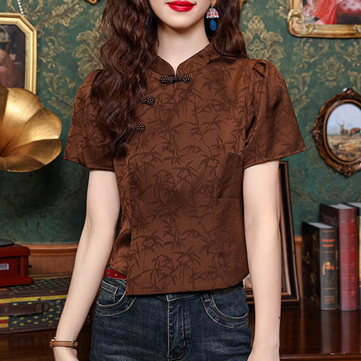 SMZ16188中式国风盘扣衬衣女改良旗袍夏季新款别致短款印花短袖上衣 商品图0