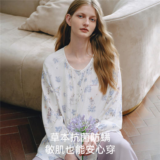 【家居服专场】嫚熙夏季弹力丝麻棉女士睡衣女款秘密花园长袖家居服套装2025新款 商品图3