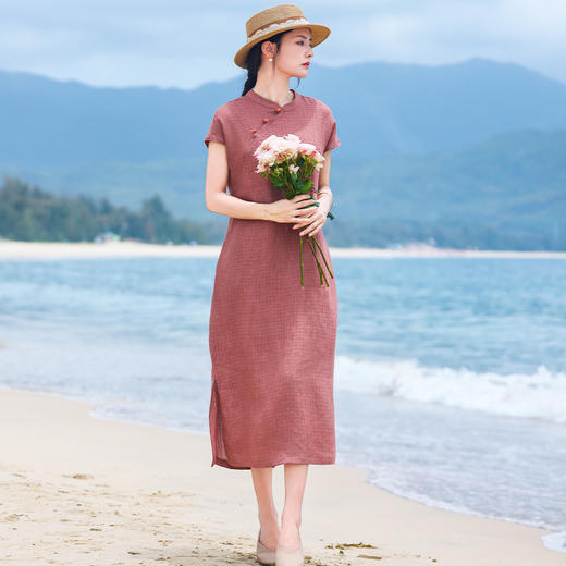 亚麻改良旗袍裙，清凉感无袖复古格子连衣裙YM-S485 商品图1
