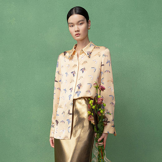 【林栖设计小店】生活在左真丝蝴蝶衬衫印花2025新中式秋季新款上衣女1953083 商品图1