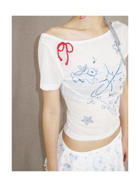 Kaiy Xiao 早秋系列 蝴蝶结串珠 星月双兔短袖