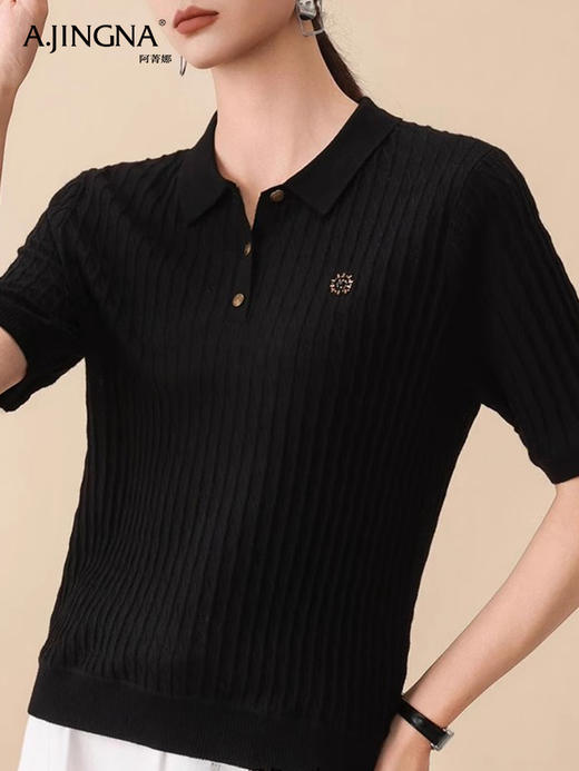 【复古纹理】阿菁娜法式POLO领绞花短袖毛衫F30Q302019 商品图4