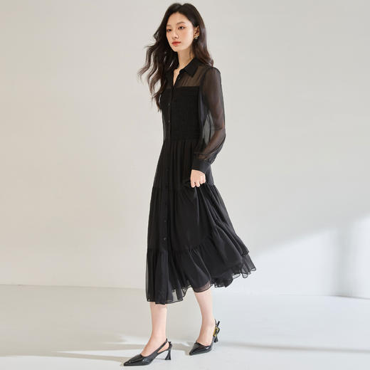 「高货sh」全新升级【铂金会员284/天猫379/差价95】(13914)洛诗琳秋季优雅气质收腰抽褶灯笼袖黑色雪纺长款连衣裙女sh13914 商品图4