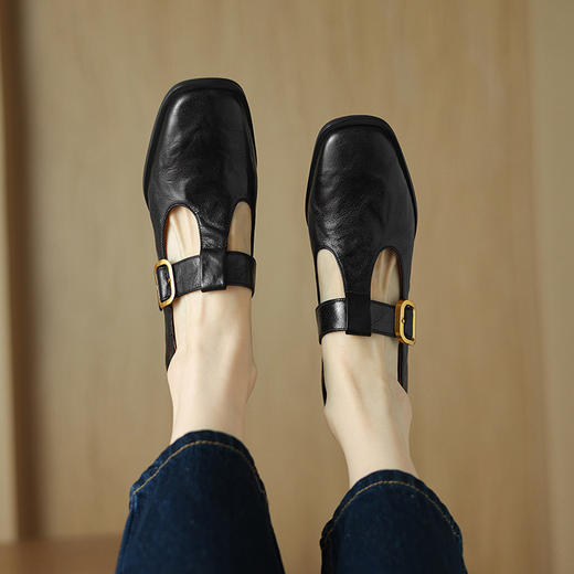 【预售5天】复古丁字扣中跟单鞋女2025新款软羊皮方头玛丽珍鞋粗跟棕色小皮鞋NJMK&K855 商品图4