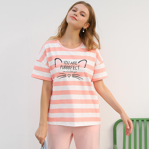 【断码清仓】爱帝女式条纹印花短袖中裤家居套 商品图1