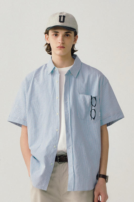 714street夏季短袖衬衣男cheanfit纯色衬衫复古条纹衬衫潮牌外套 商品图3
