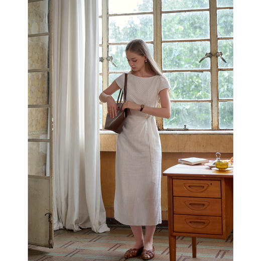 SimpleRetro法式亚麻收褶可调节条纹连衣裙（小眠专属） 商品图2