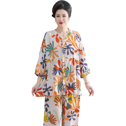中老年妈妈夏装睡衣女款，棉绸加肥加大凉感冰丝开衫套装夏LJX-856 商品图3