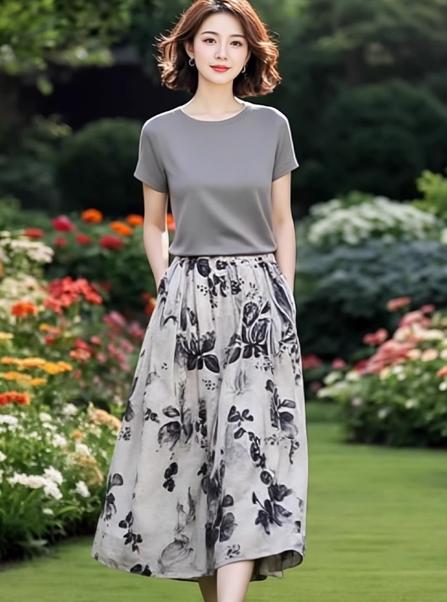（预售8天发货）时尚简约休闲灰色T恤+印花半裙两件套LJX-124 商品图1