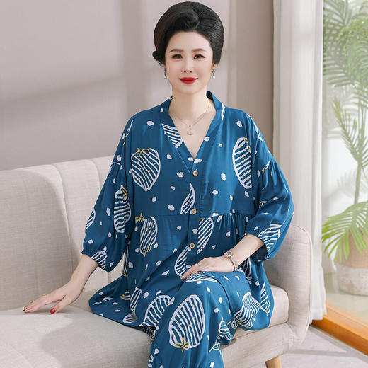 中老年妈妈夏装睡衣女款，棉绸加肥加大凉感冰丝开衫套装夏LJX-856 商品图2
