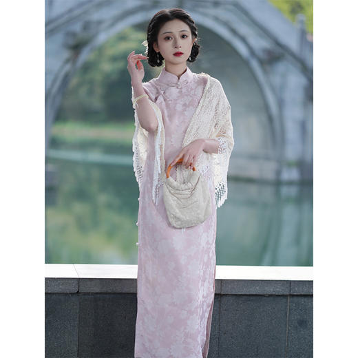 LSBB3901全开襟一片式粉色人丝提花旗袍2025年夏季复古国风曳地年轻款少女 商品图4