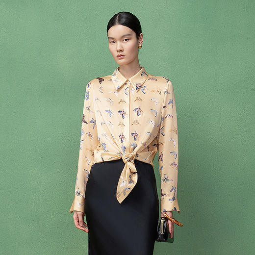 【林栖设计小店】生活在左真丝蝴蝶衬衫印花2025新中式秋季新款上衣女1953083 商品图0