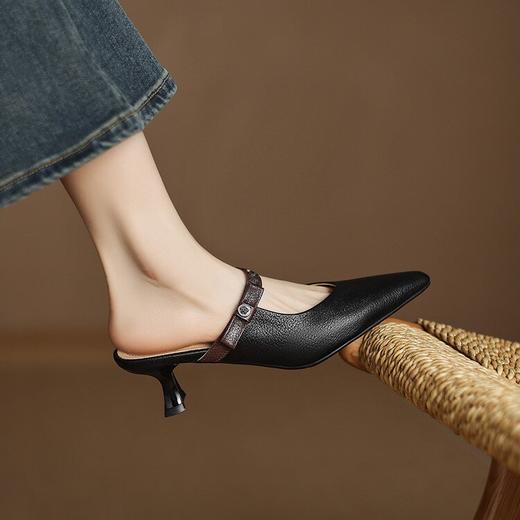【预售5天】包头凉拖鞋女夏季外穿气质羊皮细跟尖头半拖一脚蹬高跟穆勒鞋JLY&18-666 商品图2