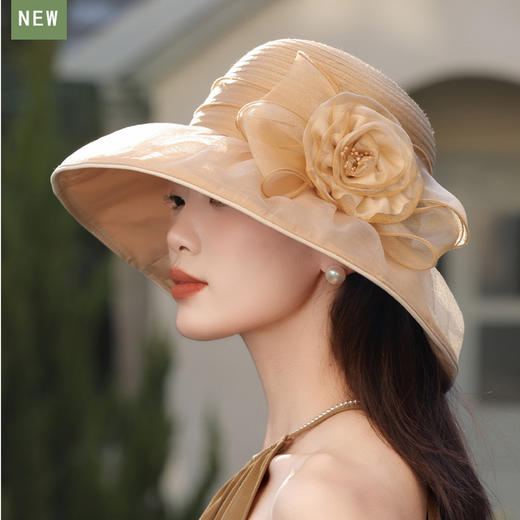 【预售3天】贵气优雅欧根纱防晒帽夏季女士户外防紫外线花朵遮阳帽妈妈太阳帽A17-1-3-M3394 商品图1