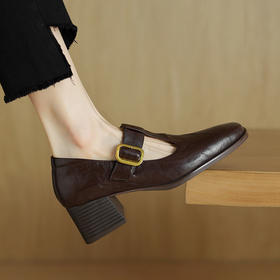 【预售5天】复古丁字扣中跟单鞋女2025新款软羊皮方头玛丽珍鞋粗跟棕色小皮鞋NJMK&K855