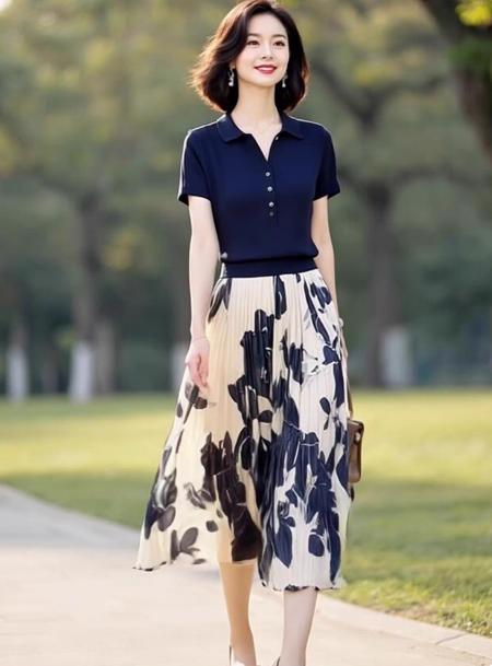 （预售8天）优雅气质冰丝翻领针织衫+时尚印花压褶半身裙套装LJX-847 商品图1