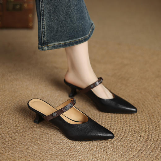 【预售5天】包头凉拖鞋女夏季外穿气质羊皮细跟尖头半拖一脚蹬高跟穆勒鞋JLY&18-666 商品图4