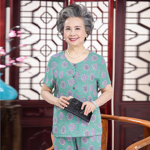 中老年人开襟棉绸睡衣套装，奶奶装短袖开衫休闲家居服妈妈睡衣HYL-2482 商品图4