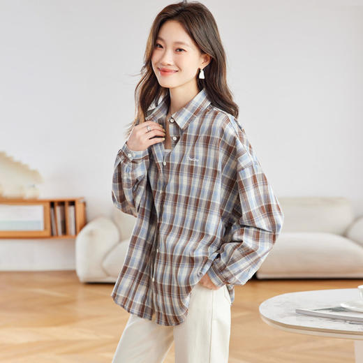 【特惠不退换】复古翻领格子长袖衬衫女秋新款通勤韩系宽松百搭刺绣衬衣    MJ-56063 商品图2