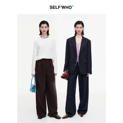 SELFWHO羊毛混纺复古褶裥阔腿西裤女2025秋季新款宽松垂感休闲裤 商品图1