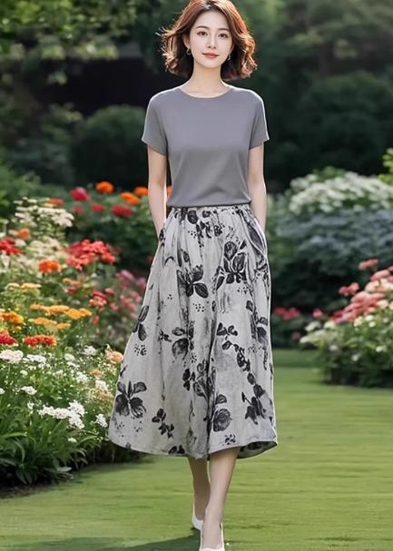 （预售8天发货）时尚简约休闲灰色T恤+印花半裙两件套LJX-124 商品图2