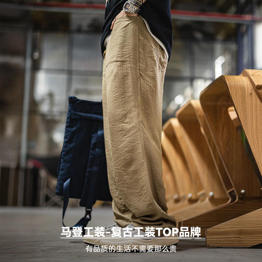 马登工装卡其色贝克裤老钱风薄款垂感莱赛尔天丝亚麻长裤子男夏秋 商品图4