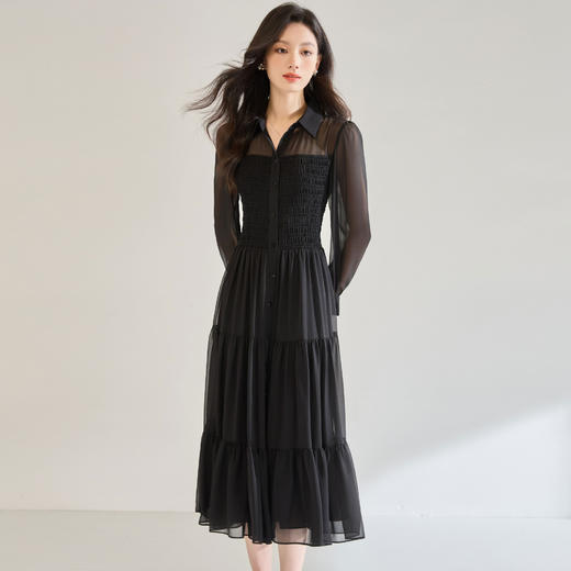 「高货sh」全新升级【铂金会员284/天猫379/差价95】(13914)洛诗琳秋季优雅气质收腰抽褶灯笼袖黑色雪纺长款连衣裙女sh13914 商品图2
