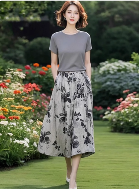 （预售8天发货）时尚简约休闲灰色T恤+印花半裙两件套LJX-124