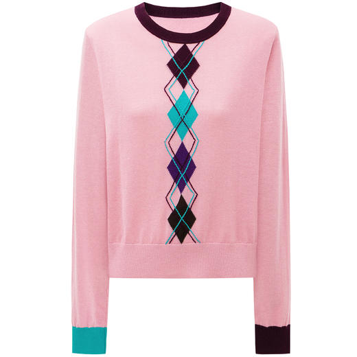 SELFWHO绵羊毛混纺多色菱形格毛衣女2025秋季新款撞色袖圆领上衣 商品图4