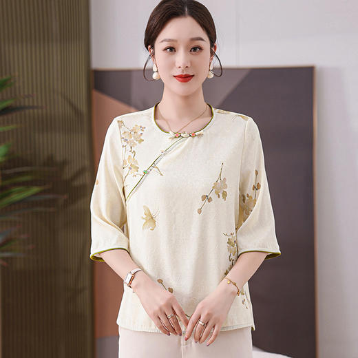 GYYly2913妈妈夏装薄款中袖印花上衣中老年女时尚圆领新款T恤气质冰丝小衫 商品图2