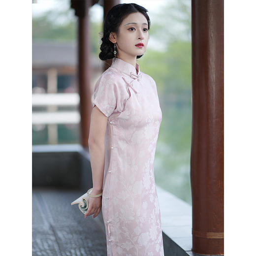 LSBB3901全开襟一片式粉色人丝提花旗袍2025年夏季复古国风曳地年轻款少女 商品图2
