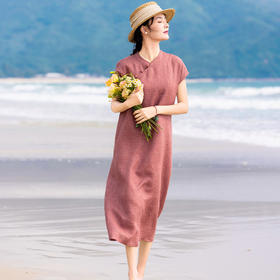 亚麻改良旗袍裙，清凉感无袖复古格子连衣裙YM-S485