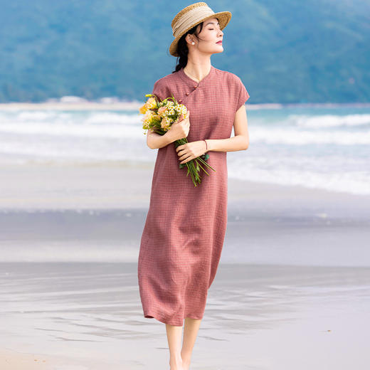 亚麻改良旗袍裙，清凉感无袖复古格子连衣裙YM-S485 商品图0