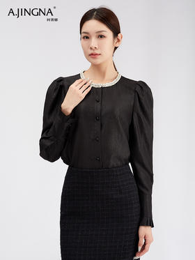 【轻松随性】阿菁娜设计感高级钉珠花苞袖白夜光衬衫F29C209003