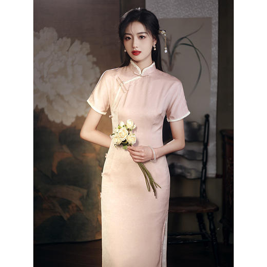 QZX3110粉色 粉色少女旗袍2025春夏新款新中式复古气质年轻款连衣裙女优雅复古 商品图2