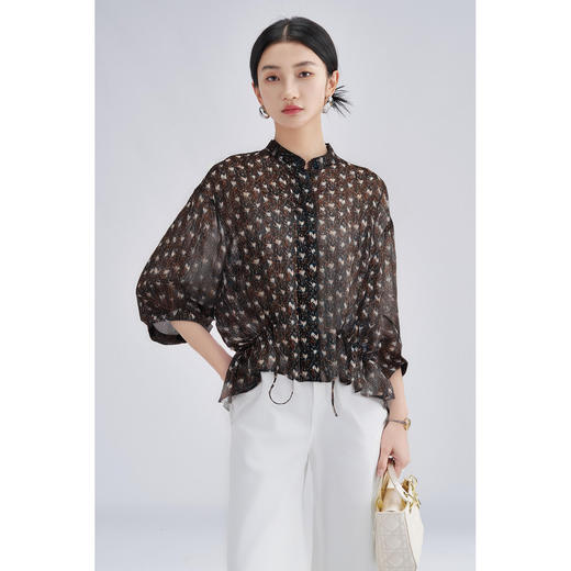 米思阳通勤优雅印花雪纺衬衫减龄宽松蝙蝠袖收腰显瘦衬衣女4276 商品图1