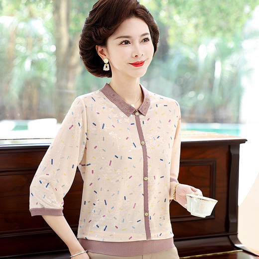 妈妈夏装中袖冰丝t恤中老年女洋气质翻领上衣宽松薄款小衫 商品图0