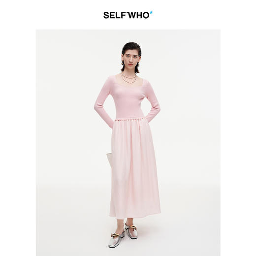 SELFWHO七夕系列粉色桃心领针织拼接连衣裙女2025秋新款优雅长裙 商品图1