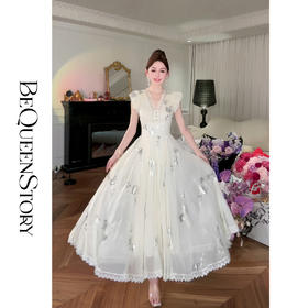 【孤品样衣，不退不换】【南法夏日】亮片刺绣V领网纱连衣裙手工钉钻2025春季