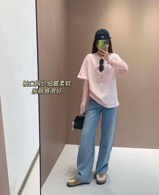 新款地素原版长袖T恤假两件网纱拼接花朵印花可露丽上衣 商品图0