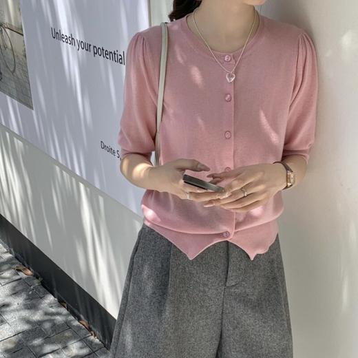 泡泡袖圆领精纺100纯羊毛衫女早秋薄款宽松显瘦短袖针织开衫上衣   ASZT-AS2058833-3 商品图3