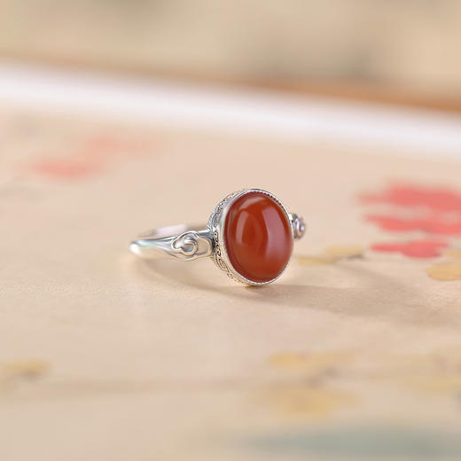【祥云晚霞】S925纯银南红玛瑙复古蛋面祥云女士开口戒指【CW-JZ07026】 商品图1