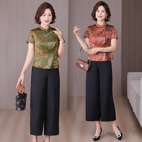 A34494品质气质妈妈新中式时尚复古钉珠真丝短款衬衫阔腿裤二件套装夏