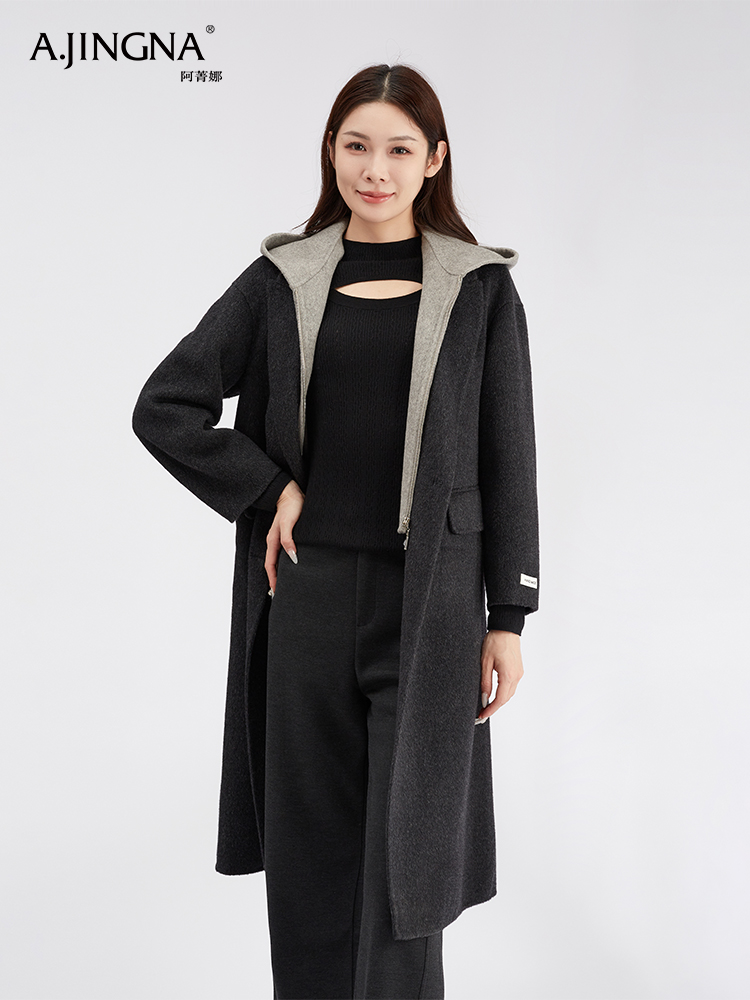 【商城同款】阿菁娜休闲百搭连帽假两件长款羊毛大衣F30D211023